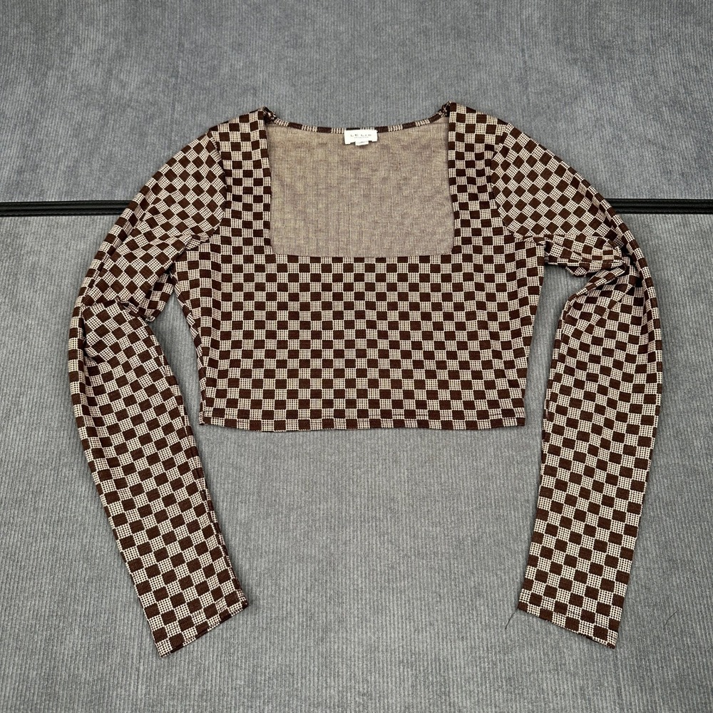 Le Lis Collection Brown Checkered Square Neck Long Sleeve Crop Top Small Y2k